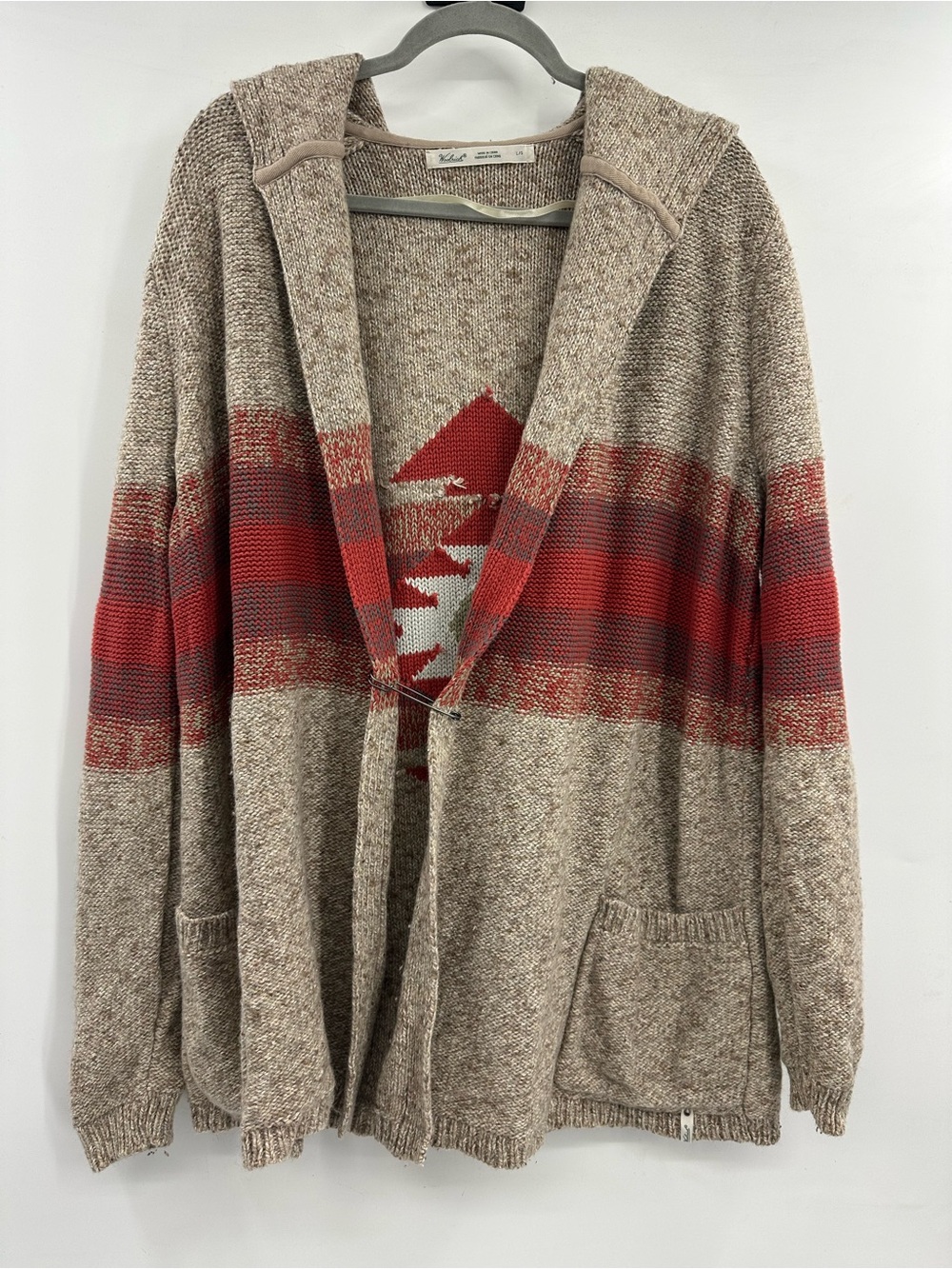 Woolrich Beige Hooded Cardigan with Red And White Detail